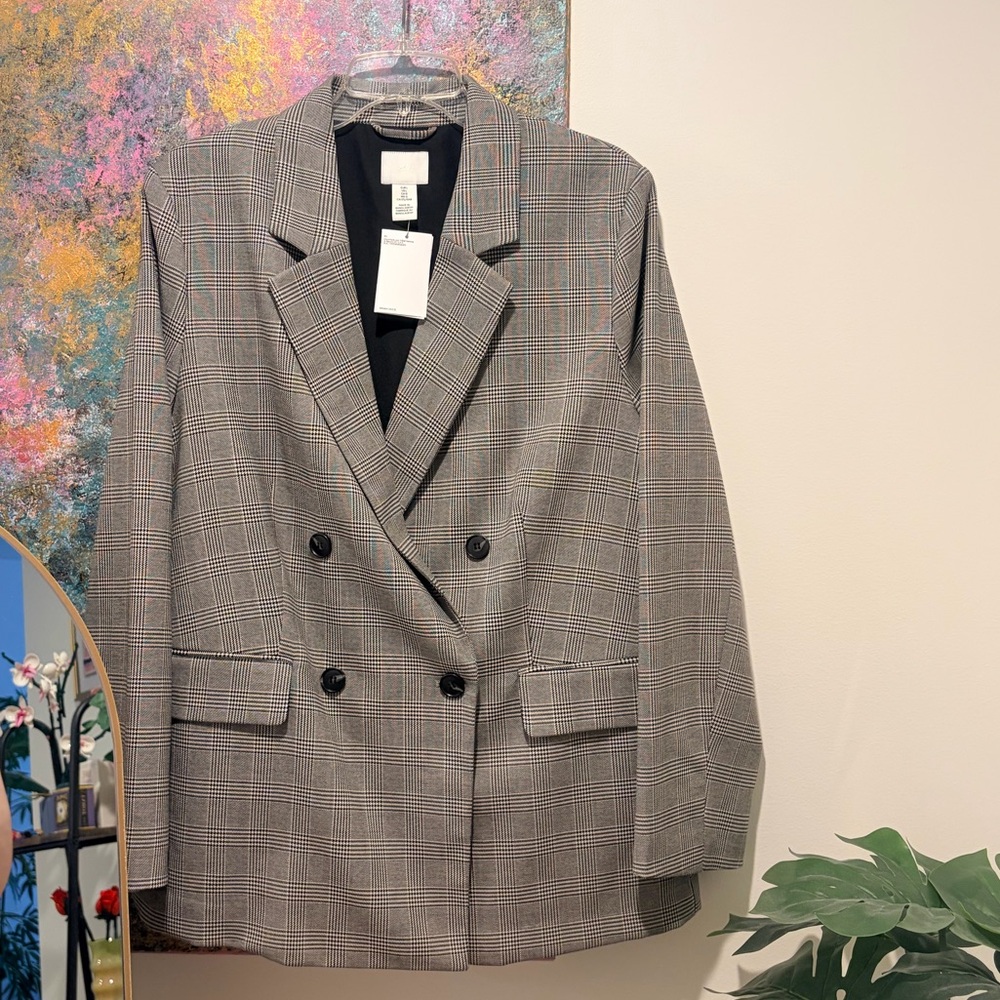 H&M 90s Inspired Black Plaid Double Breasted Blazer size Large